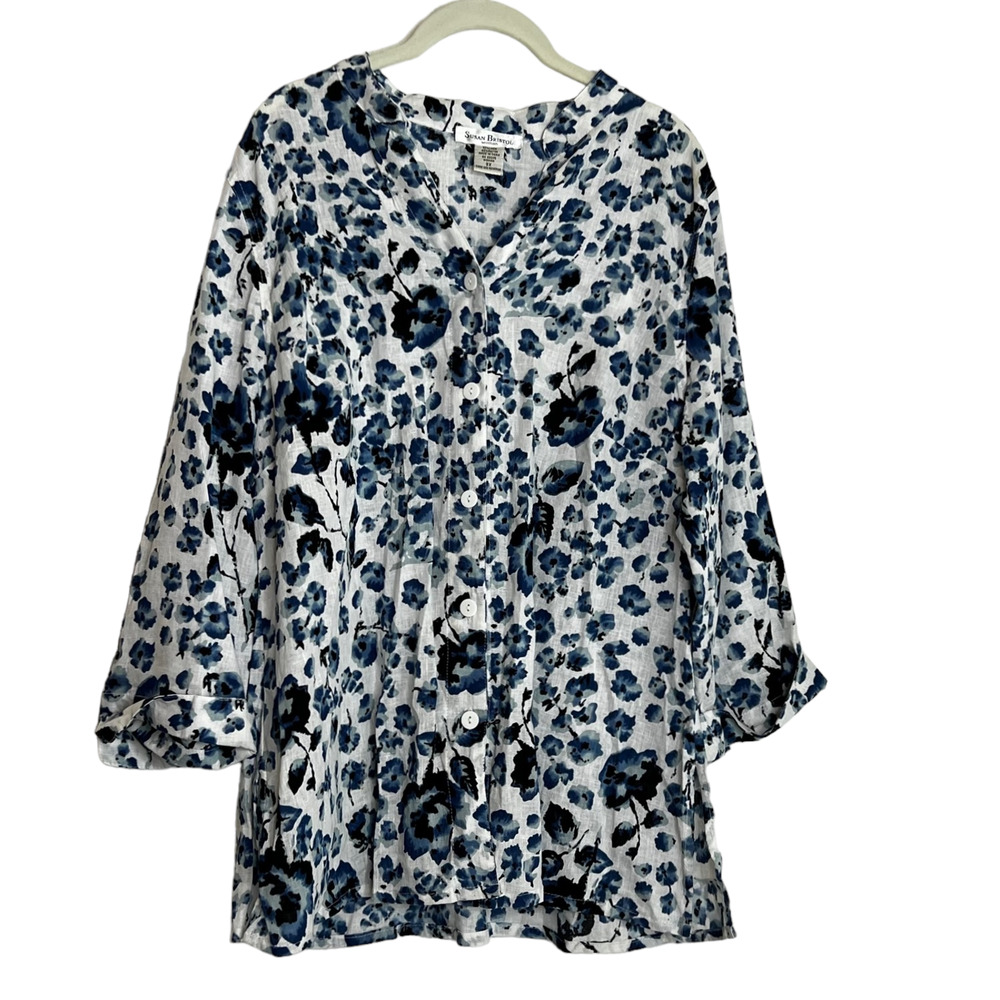 Susan Bristol Womens Linen Blend Blouse 1X Blue White Floral Button Up Collared